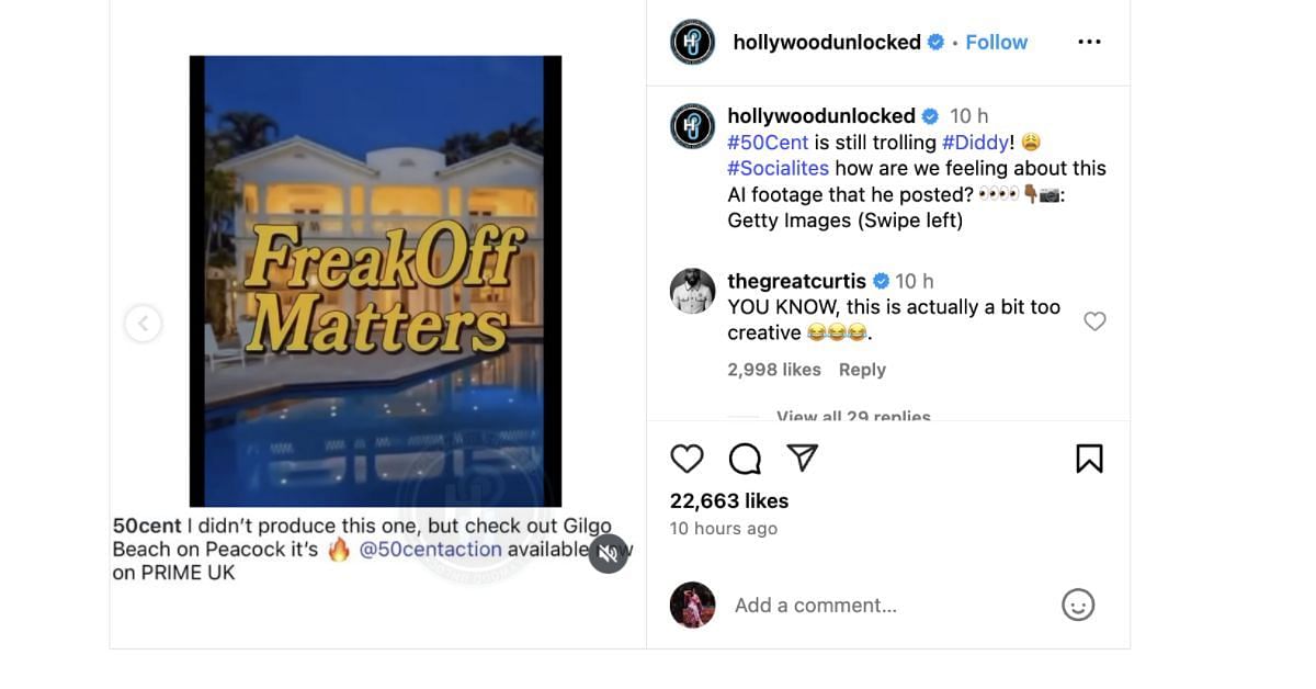 Screenshot of 50 Cent's now-deleted AI video of Family Matters based on Diddy's trial (Image via Instagram/@hollywoodunlocked)